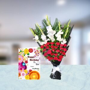 Send Smiles and Petals Birthday Gift Combo to Pakistan - Red Roses, White Gladiolus & Birthday Card