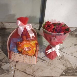 Deliver Sweet And Snacks Gift Basket With Romantic Roses in Pakistan
